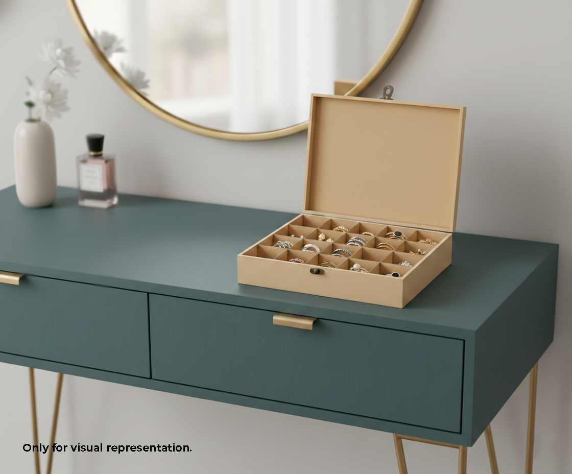MDF DIY Jewellery Box on a green dresser with a mirror in the background