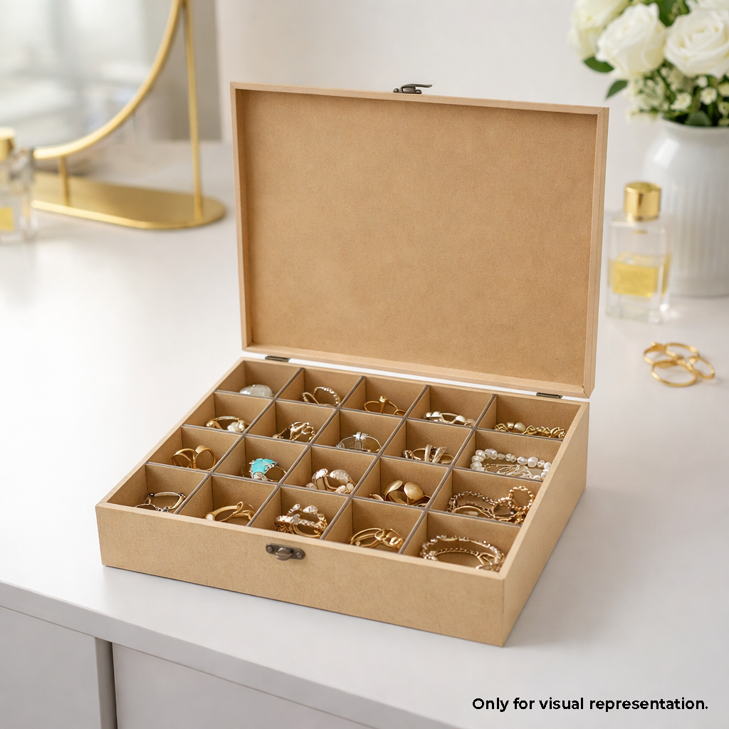 Beige MDF DIY Jewellery Box with compartments filled with earrings on a white surface.