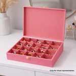 Pink MDF DIY Jewellery Box with compartments filled with jewelry on a white surface.