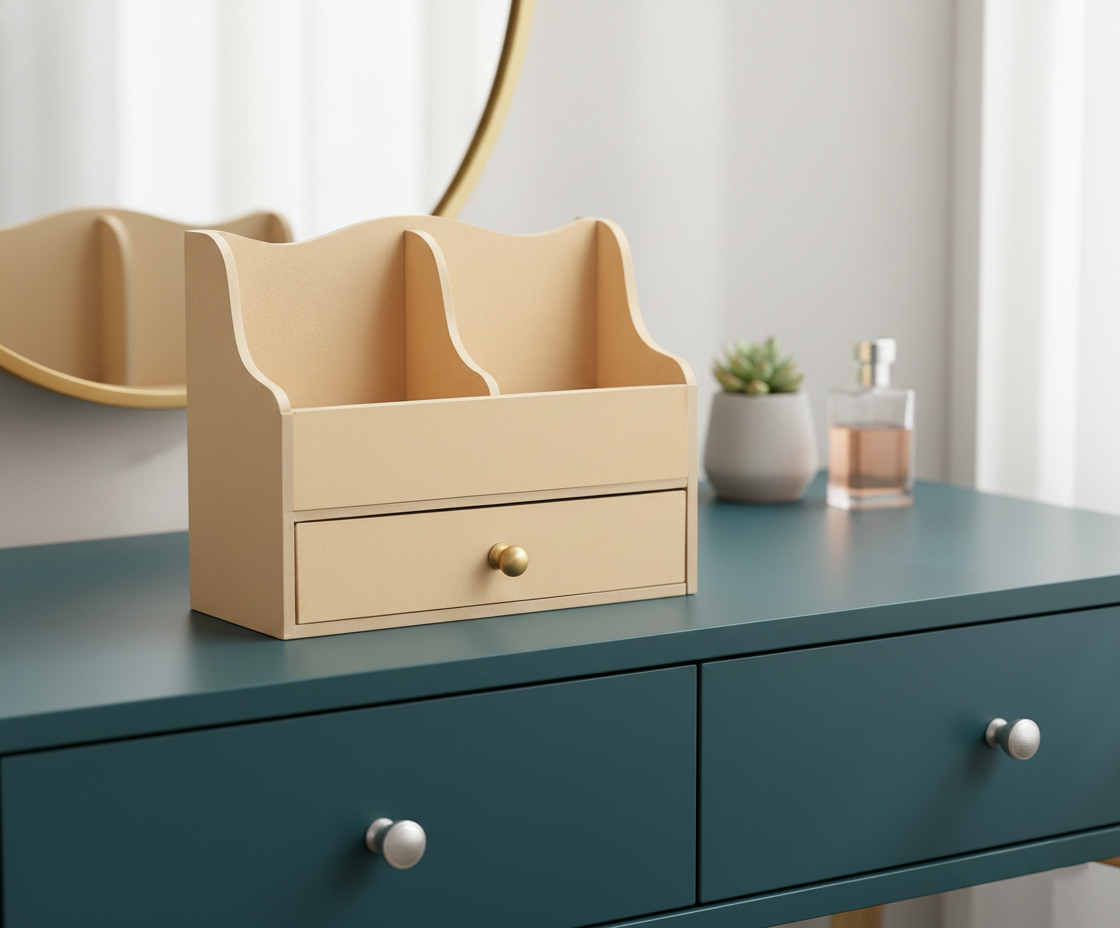 MDF DIY Jewellery Box on a teal desk with a mirror and plant in the background