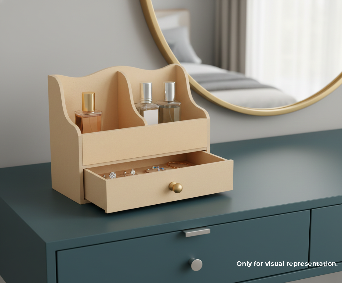 MDF DIY Jewellery Box with small drawers on a teal surface, mirror in the background