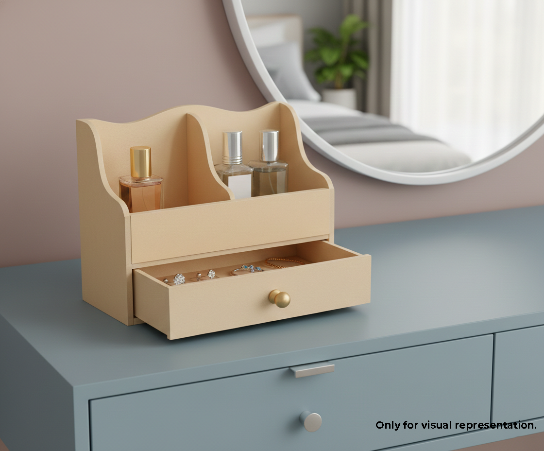 MDF DIY Jewellery Box organizer with a drawer on a dresser with a mirror in the background.