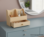 MDF DIY Jewellery Box organizer with a drawer on a dresser with a mirror in the background.