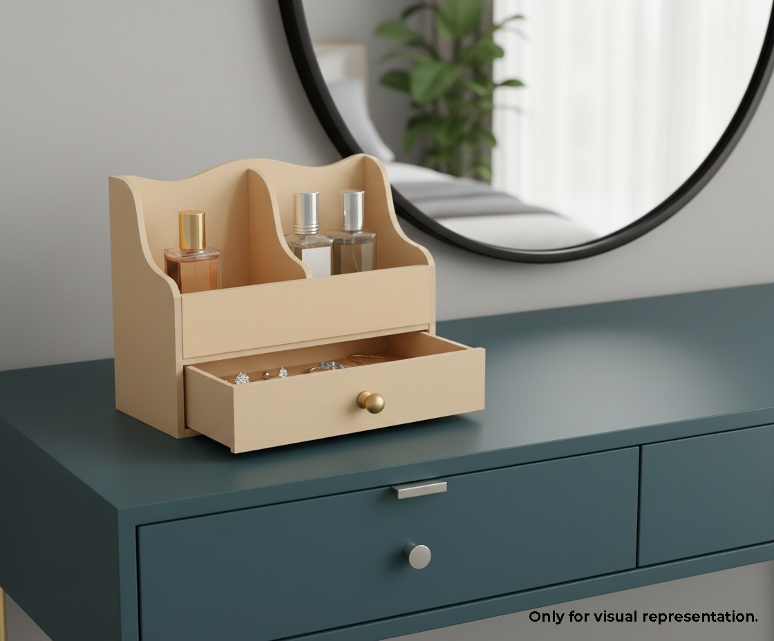 MDF DIY Jewellery Box with a drawer on a dresser with a mirror in the background
