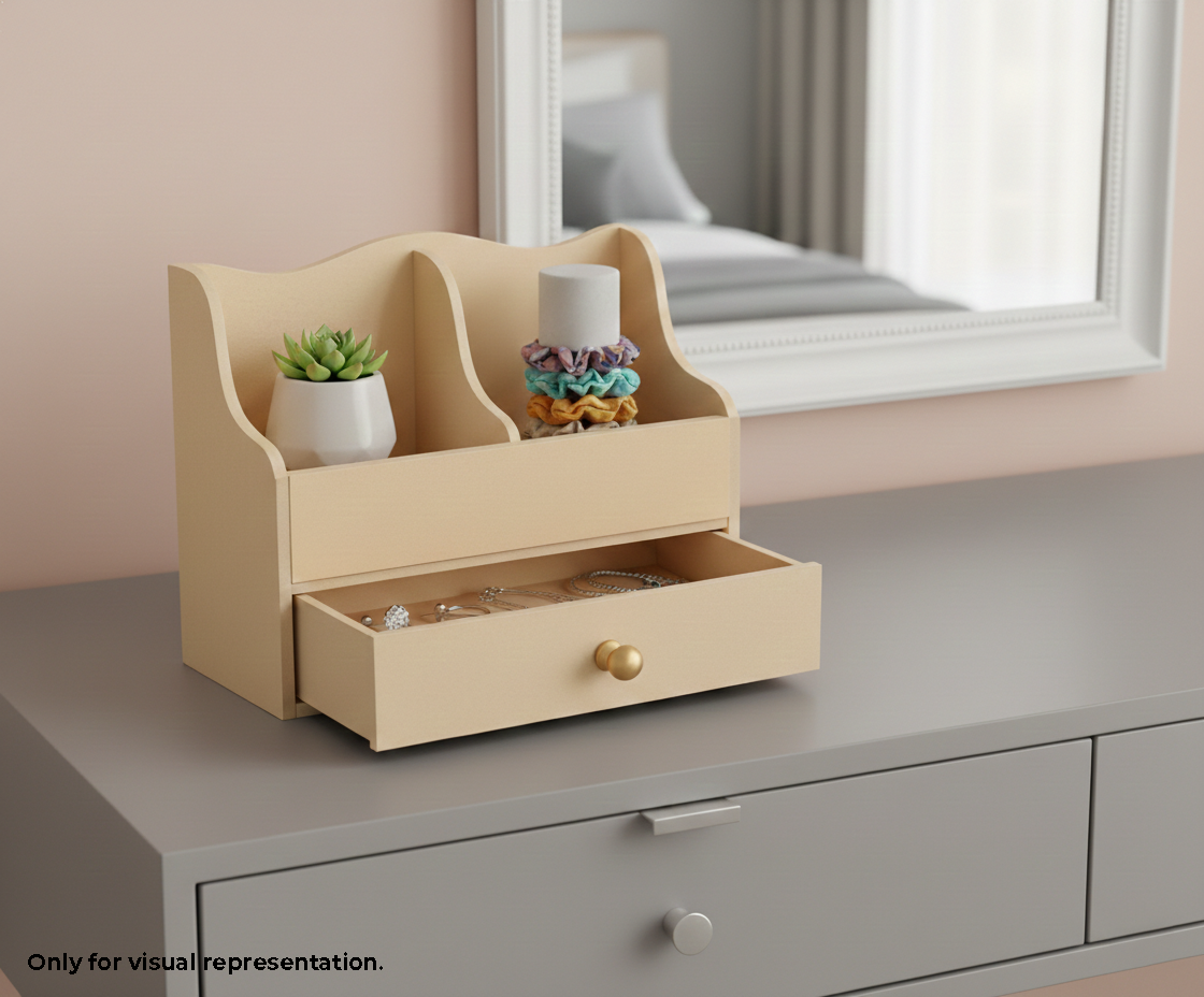 MDF DIY Jewellery Box with a drawer on a dresser, containing small items and a plant.