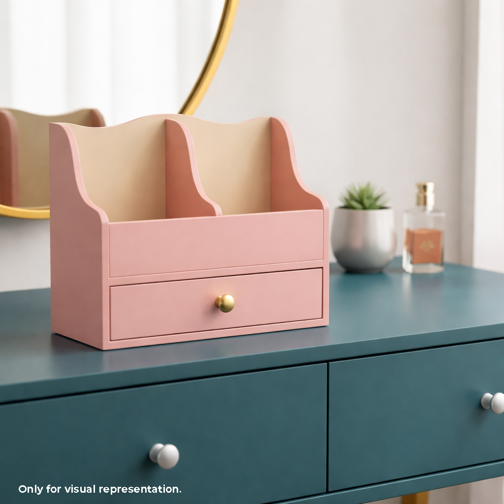 Pink MDF DIY Jewellery Box with a drawer on a teal desk