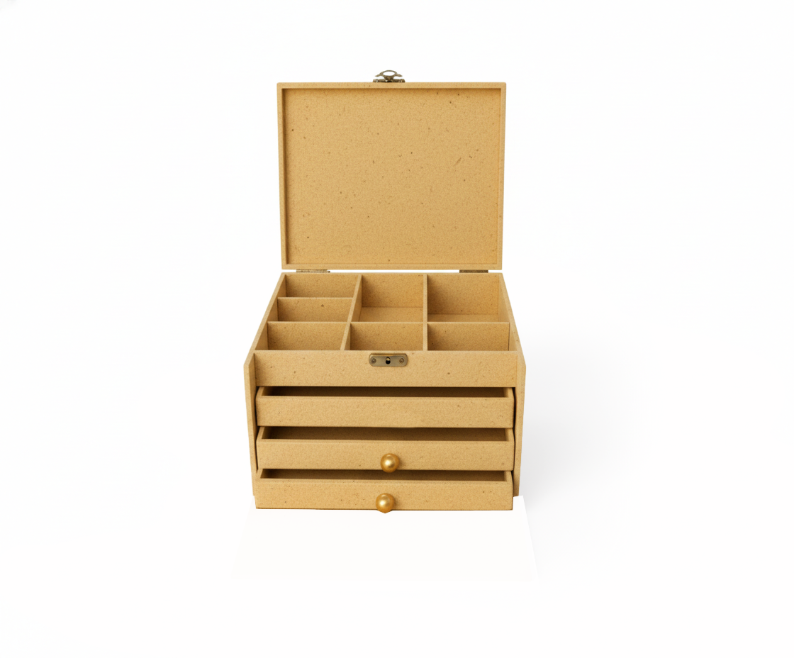 MDF DIY Jewellery Box with open lid on a white background