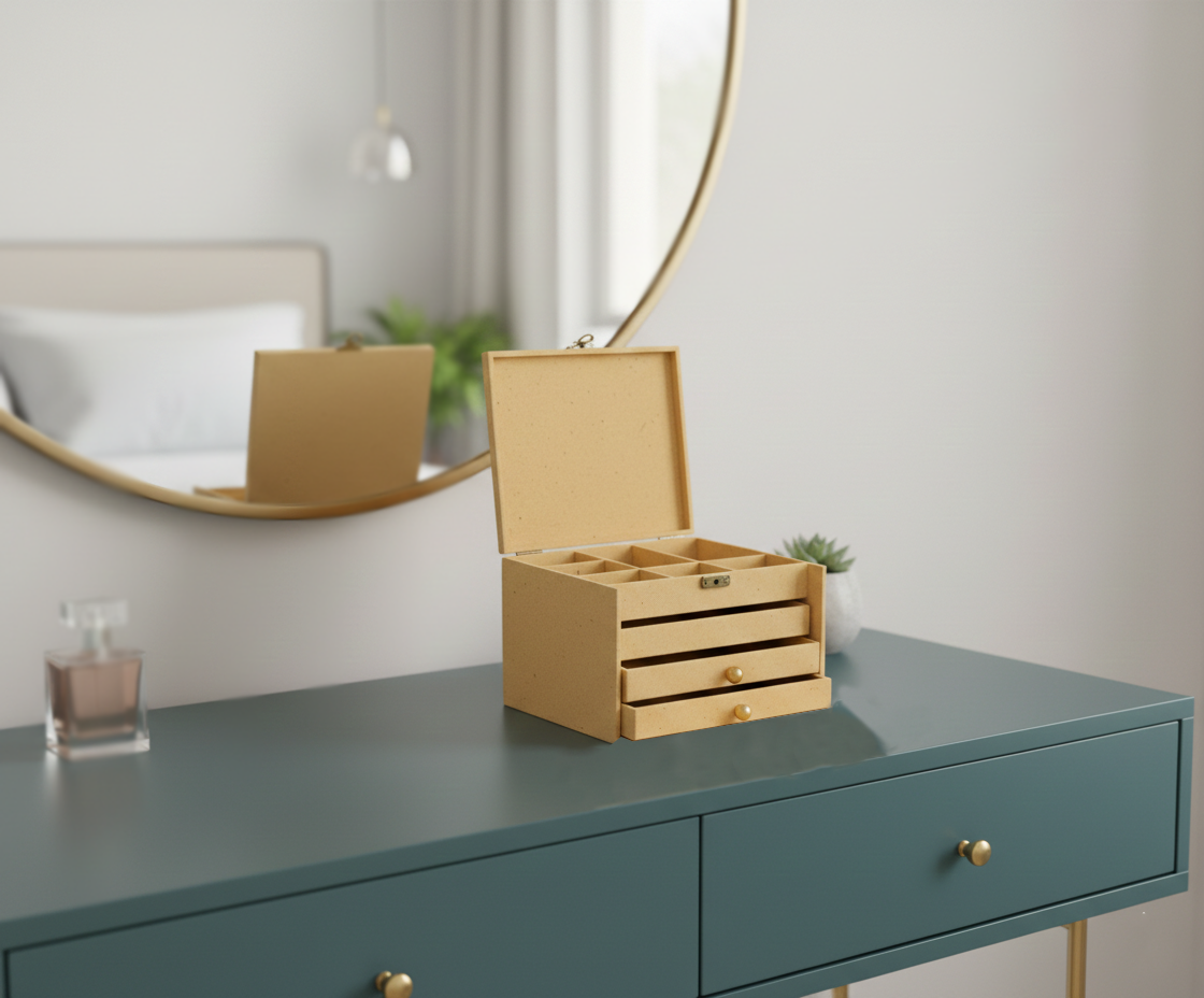 MDF DIY Jewellery Box on a dresser with a mirror and plant in the background