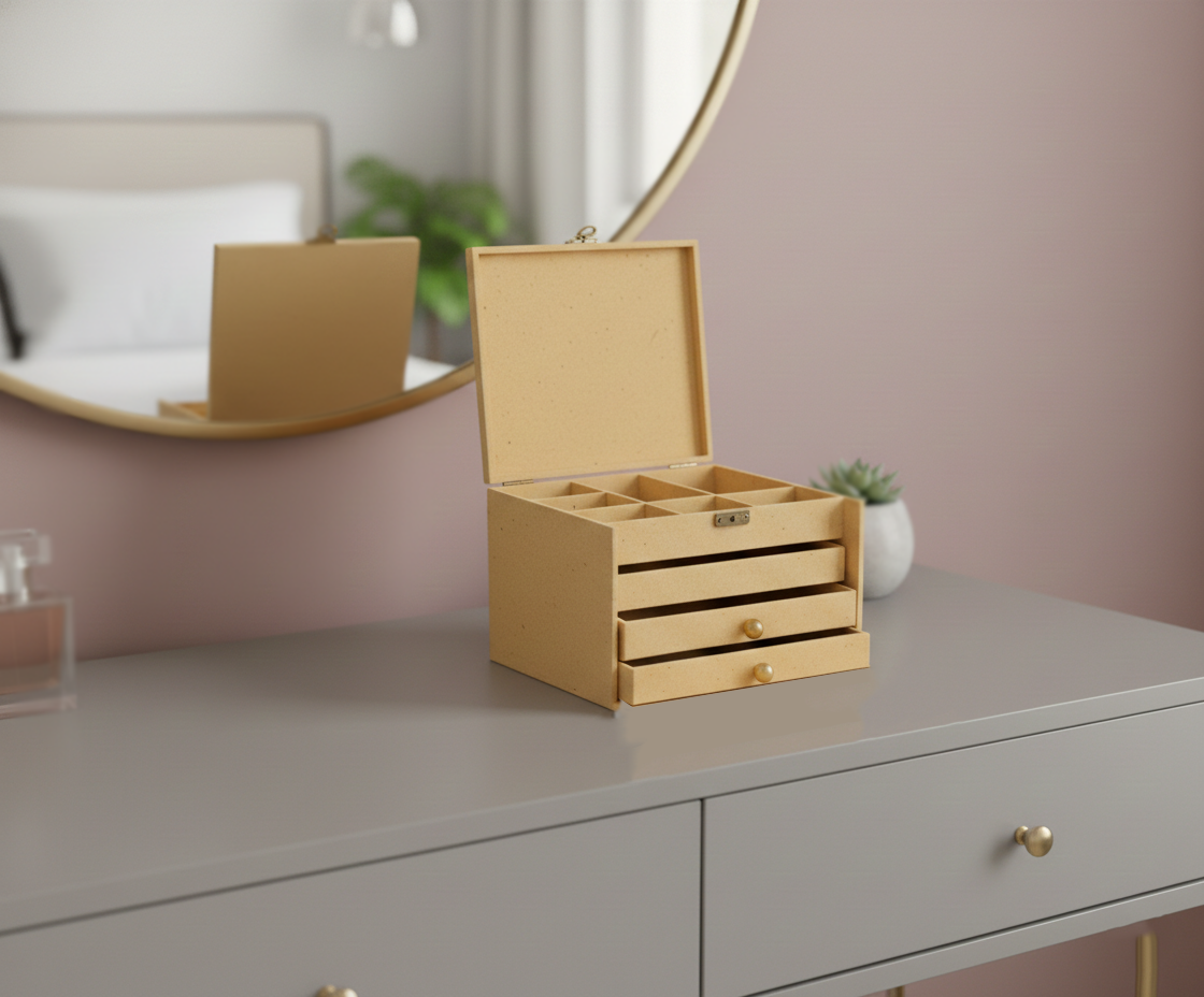 MDF DIY Jewellery Box on a dresser with a mirror and plant in the background