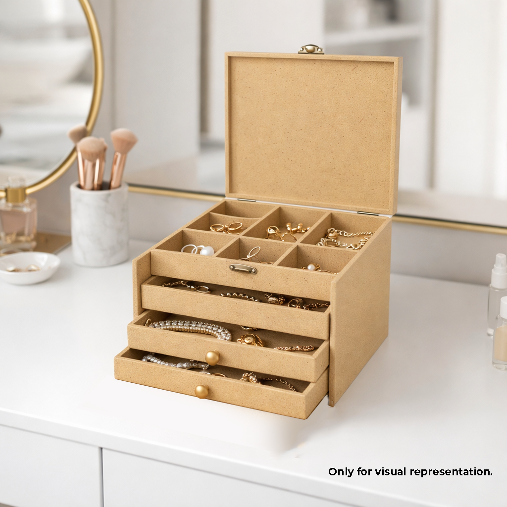 MDF DIY Jewellery Box with compartments and drawers on a white surface.