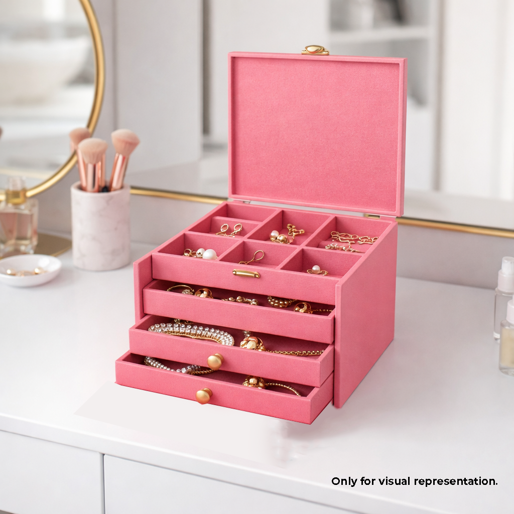 Pink MDF DIY Jewellery Box with jewelry inside on a white surface