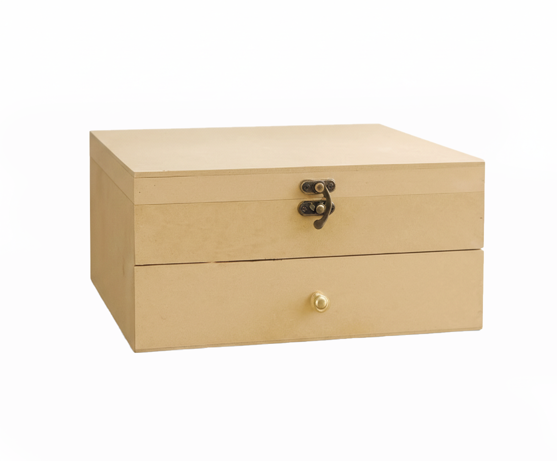 MDF DIY Jewellery Box with a gold clasp on a white background