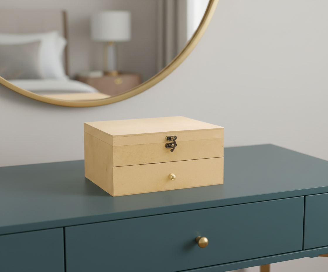 MDF DIY Jewellery Box on a teal dresser with a mirror in the background