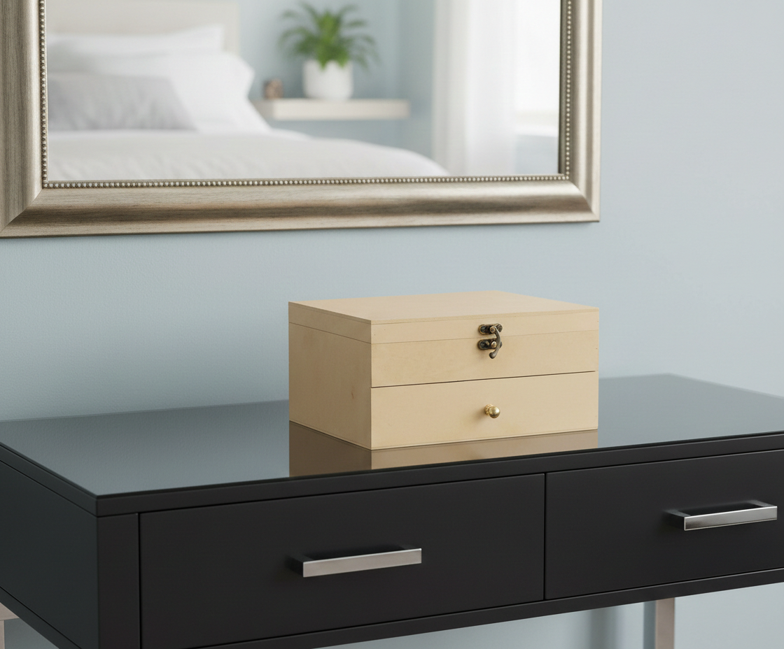 MDF DIY Jewellery Box on a black dresser with a mirror in the background