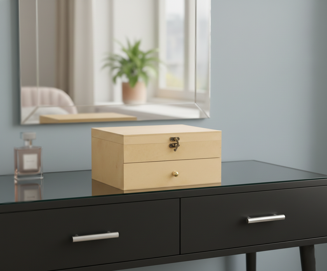 MDF DIY Jewellery Box on a black dresser with a mirror and plant in the background