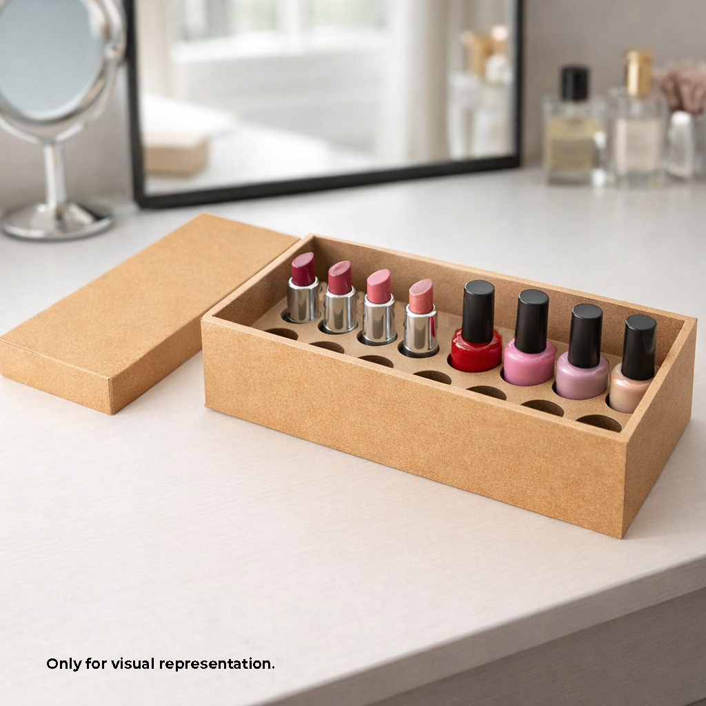 Cosmetic organizer MDF DIY  box with lipsticks and nail polishes on a vanity table.
