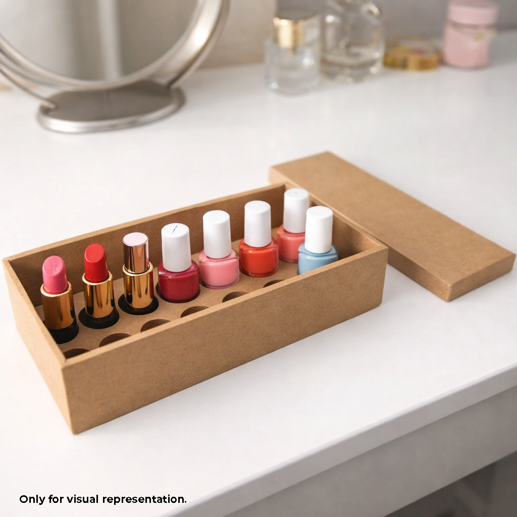 MDF DIY Box organizer with lipsticks and nail polishes on a white surface