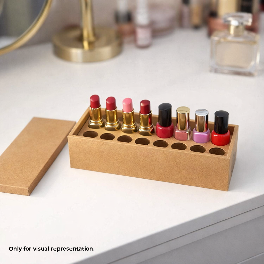 Set of lipsticks and nail polishes in a MDF DIY holder on a vanity table.