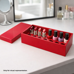Red MDF DIY makeup organizer with lipsticks and nail polishes on a vanity table.