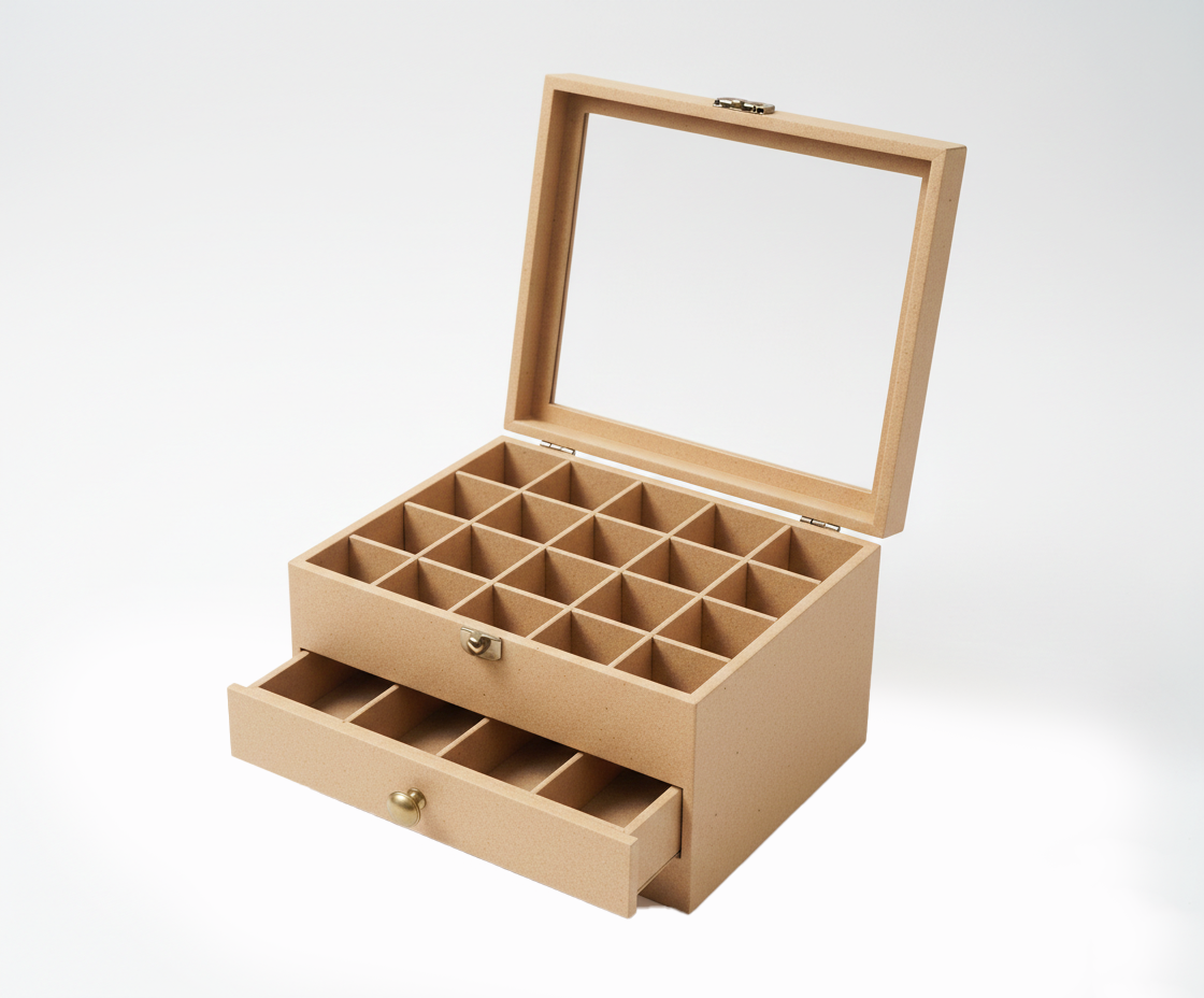 MDF DIY Jewellery Box with multiple compartments on a white background
