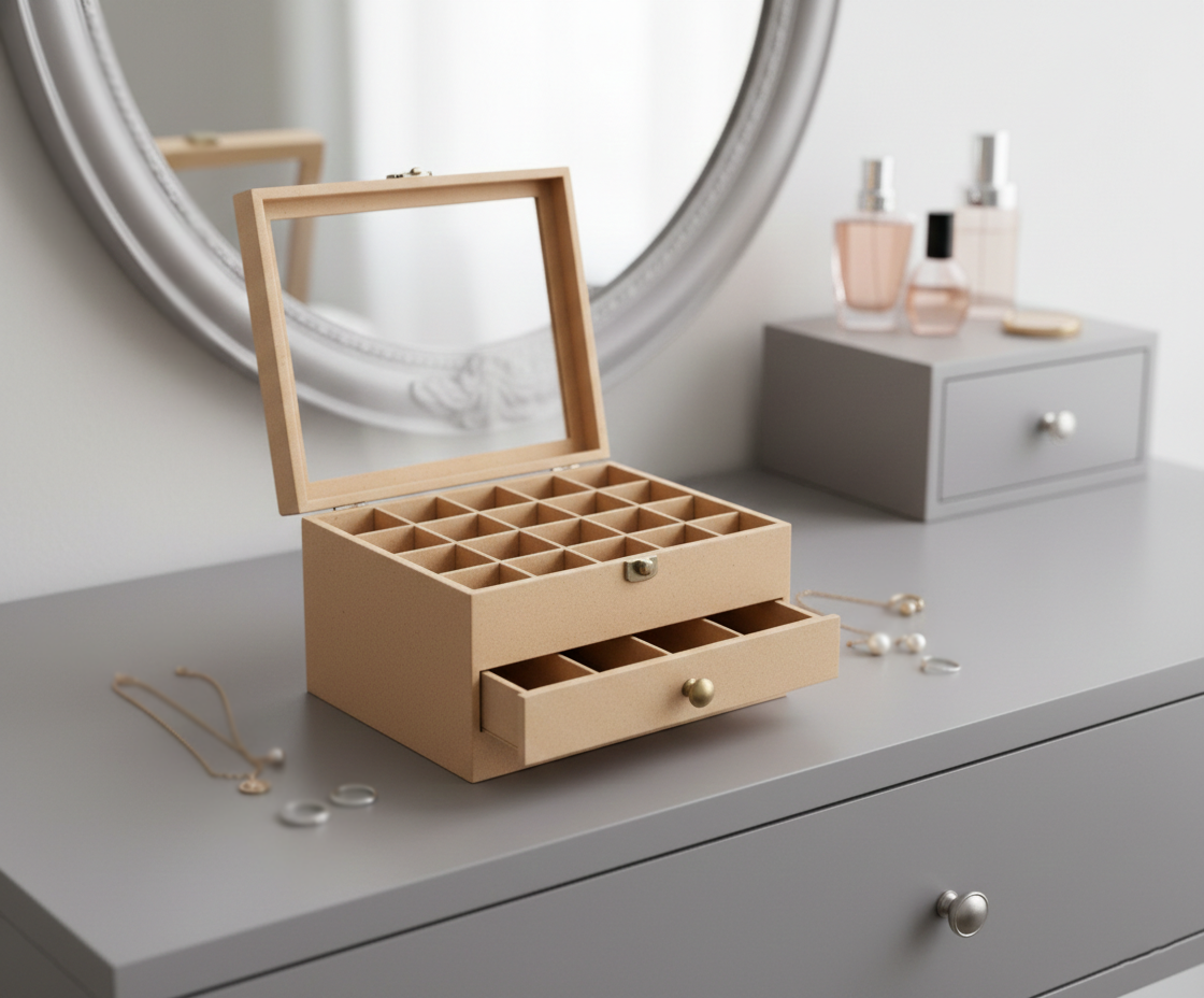 Beige MDF DIY Jewellery Box on a dresser with mirror and small drawer in background