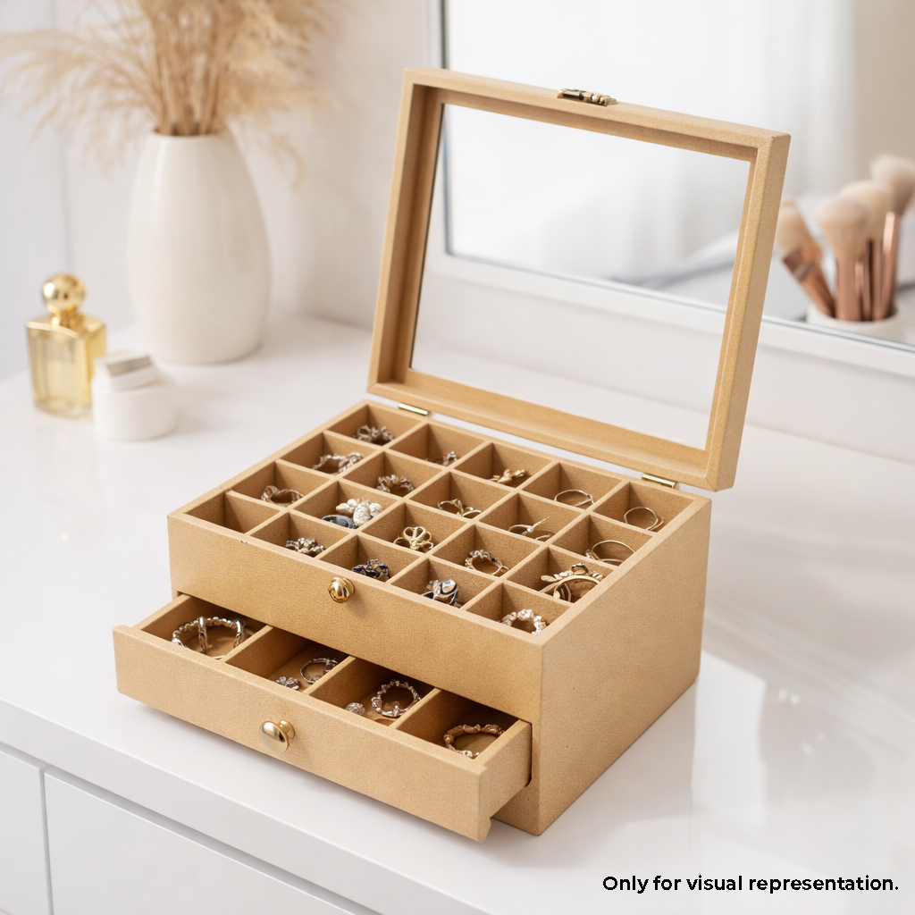 MDF DIY Jewellery Box with jewellery on a white surface