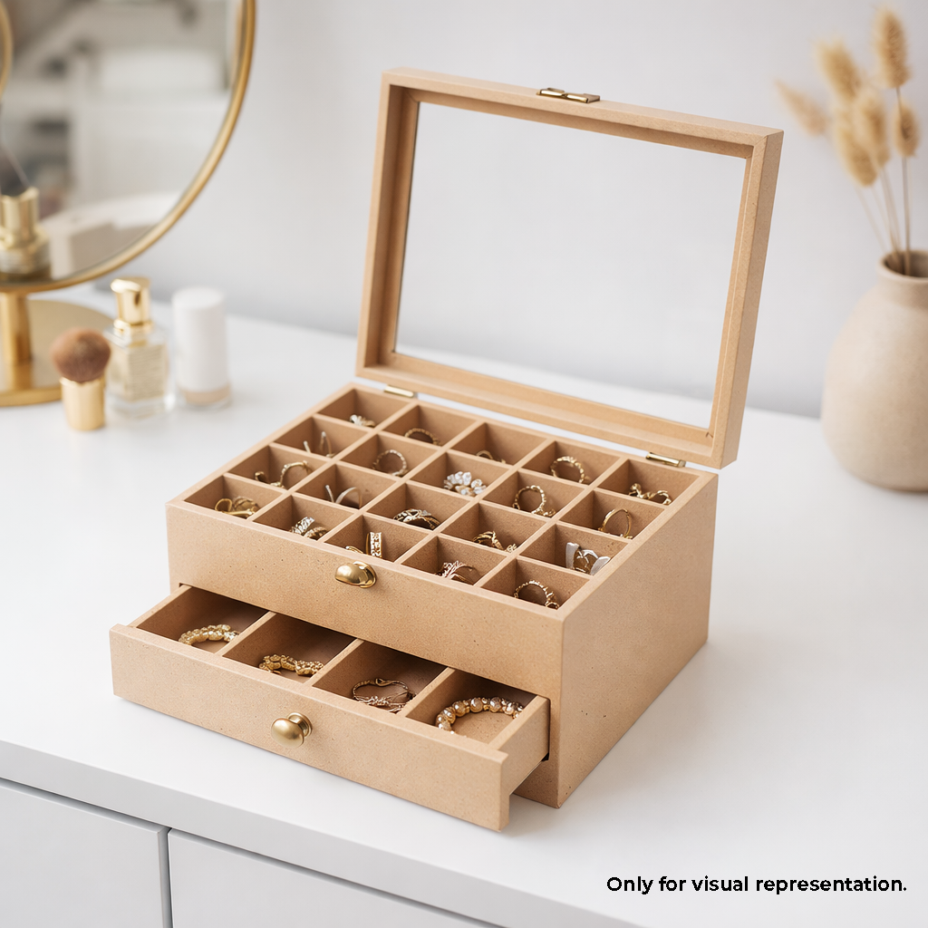MDF DIY Jewellery Box with compartments and a drawer on a white surface.