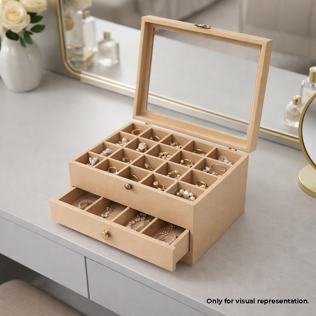 MDF DIY Jewellery Box with earrings on a table