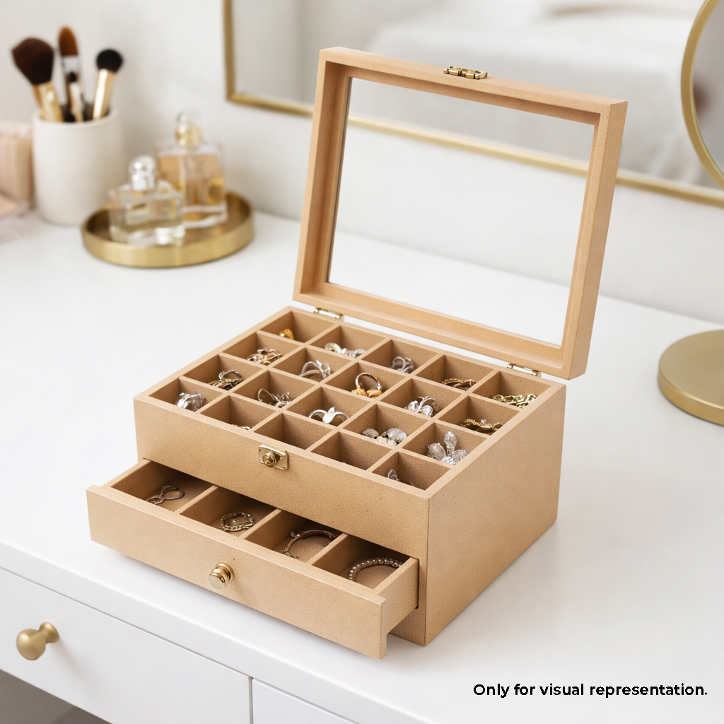 MDF DIY Jewellery Box with compartments and a drawer on a white surface.