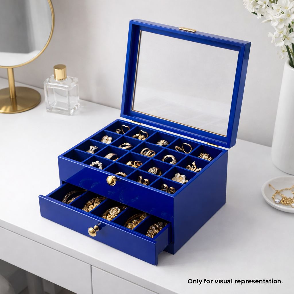 Blue MDF DIY Jewellery Box with gold jewellery on a white surface
