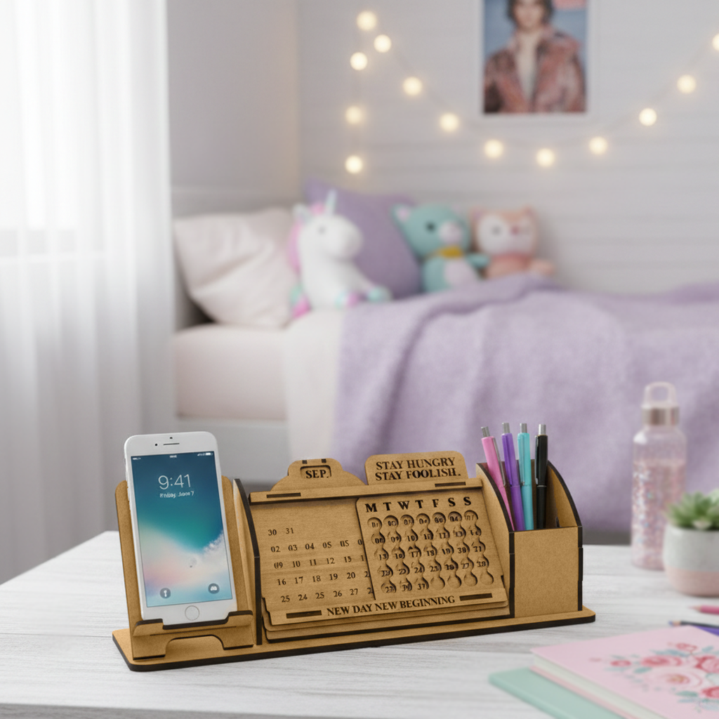 DIY MDF Desk Organizer with Perpetual Calendar & Mobile Stand