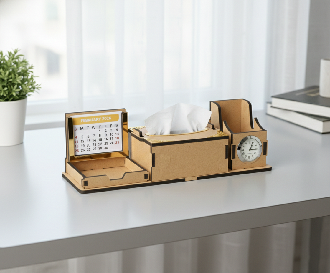 DIY MDF Desk Organizer with Tissue Box & Clock