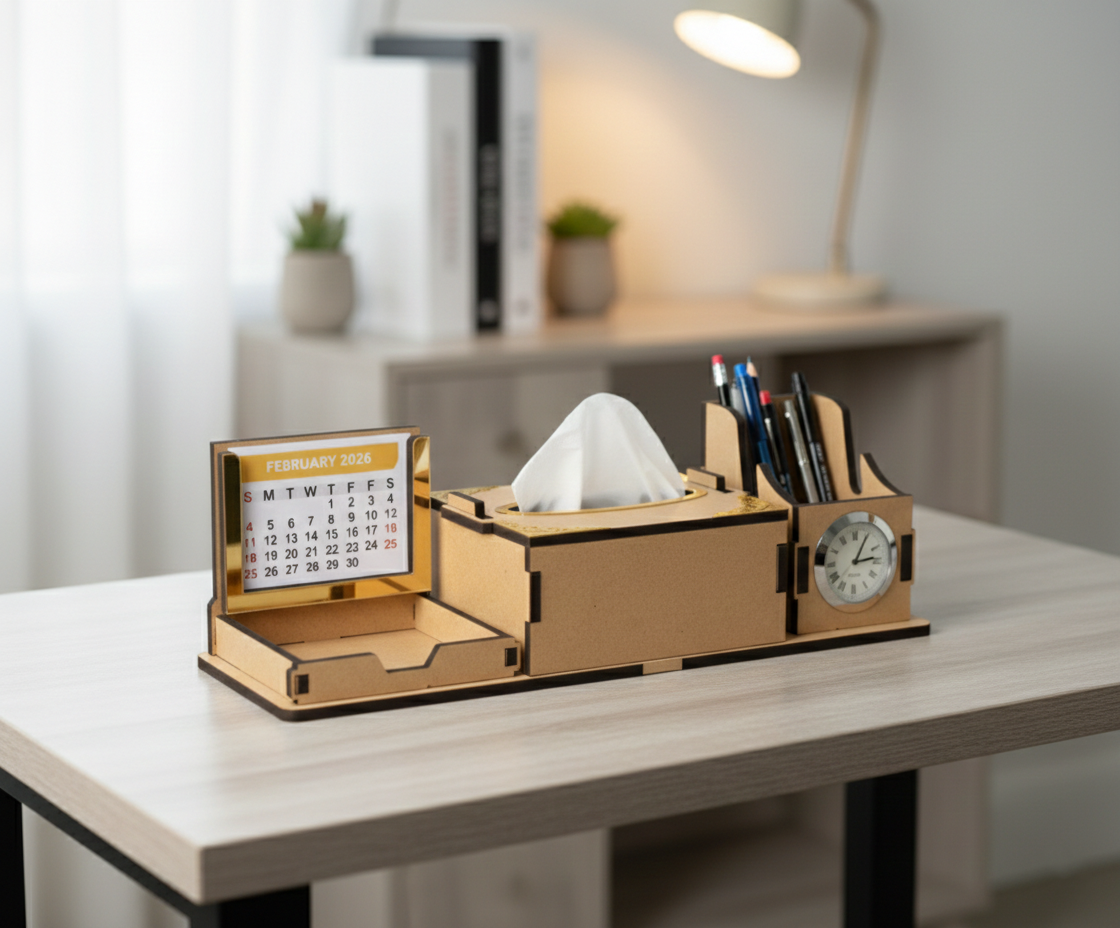 DIY MDF Desk Organizer with Tissue Box & Clock