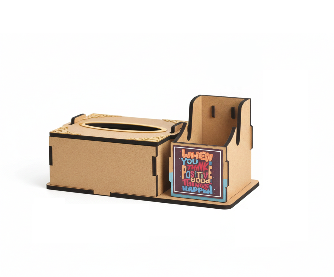A laser-cut  MDF DIY tissue box cover and small organizer stand on a white background, featuring a colorful printed sign that reads 'Listen you are positive good things happen'.