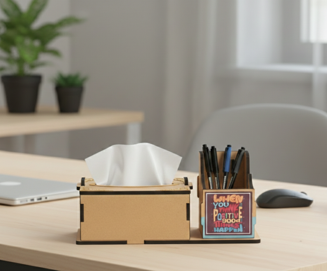 A  MDF DIY desk organizer set on a light wood desk, featuring a tissue box holder with white tissue paper and a pen holder with a colorful 'Stay Positive Happen Today' sign. The background shows a blurred office environment with a chair, laptop, and plants.