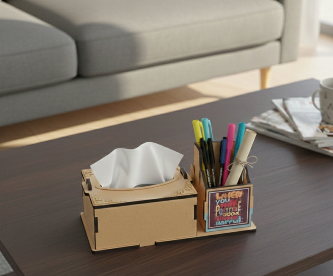 A  MDF DIY tissue box holder and pen holder set on a dark wood table in a living room setting, with a gray sofa blurred in the background.