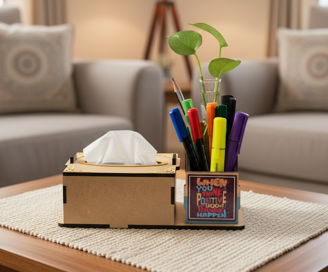 A MDF DIY desk organizer on a woven table mat in a living room setting. The organizer features a tissue slot on the left, a small sign on the front, and a right section holding colorful pens and markers in a clear glass vase with a green plant sprig.