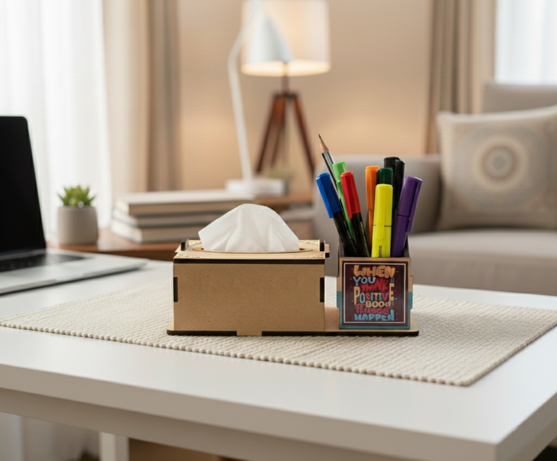 A small  MDF DIY tissue box holder and matching pen cup organizer sit on a white table in a softly lit home office or living space. The tissue box holder has a white tissue protruding, and the pen cup contains colorful pens and markers.