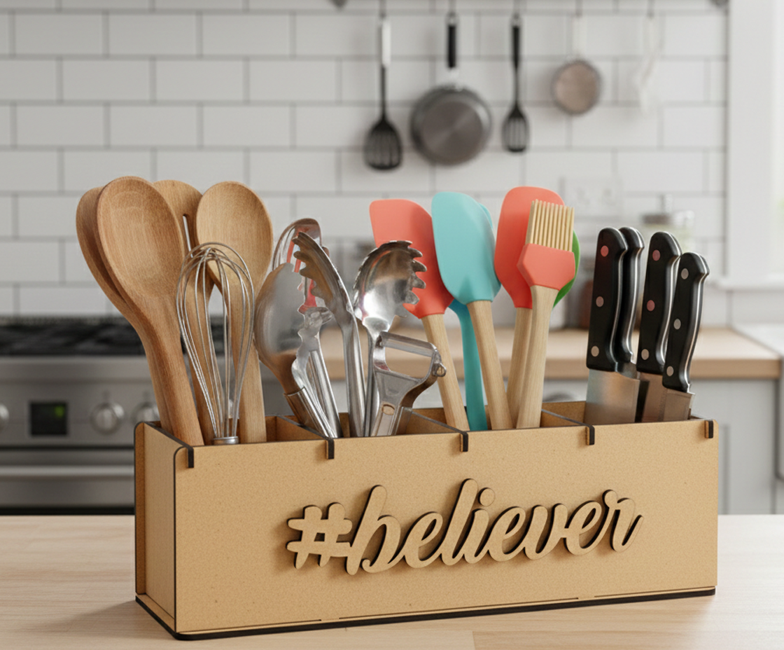 A MDF DIY  kitchen utensil organizer box with the text '#believer' cut out on the front, filled with wooden spoons, metal whisks, colorful silicone spatulas, and knives, set on a kitchen counter.