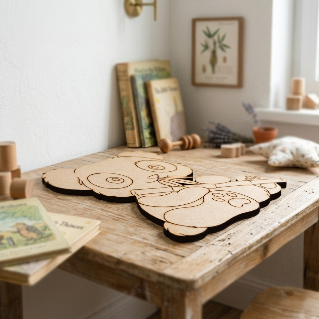 MDF DIY toy owl on a wooden table with books and decor in the background