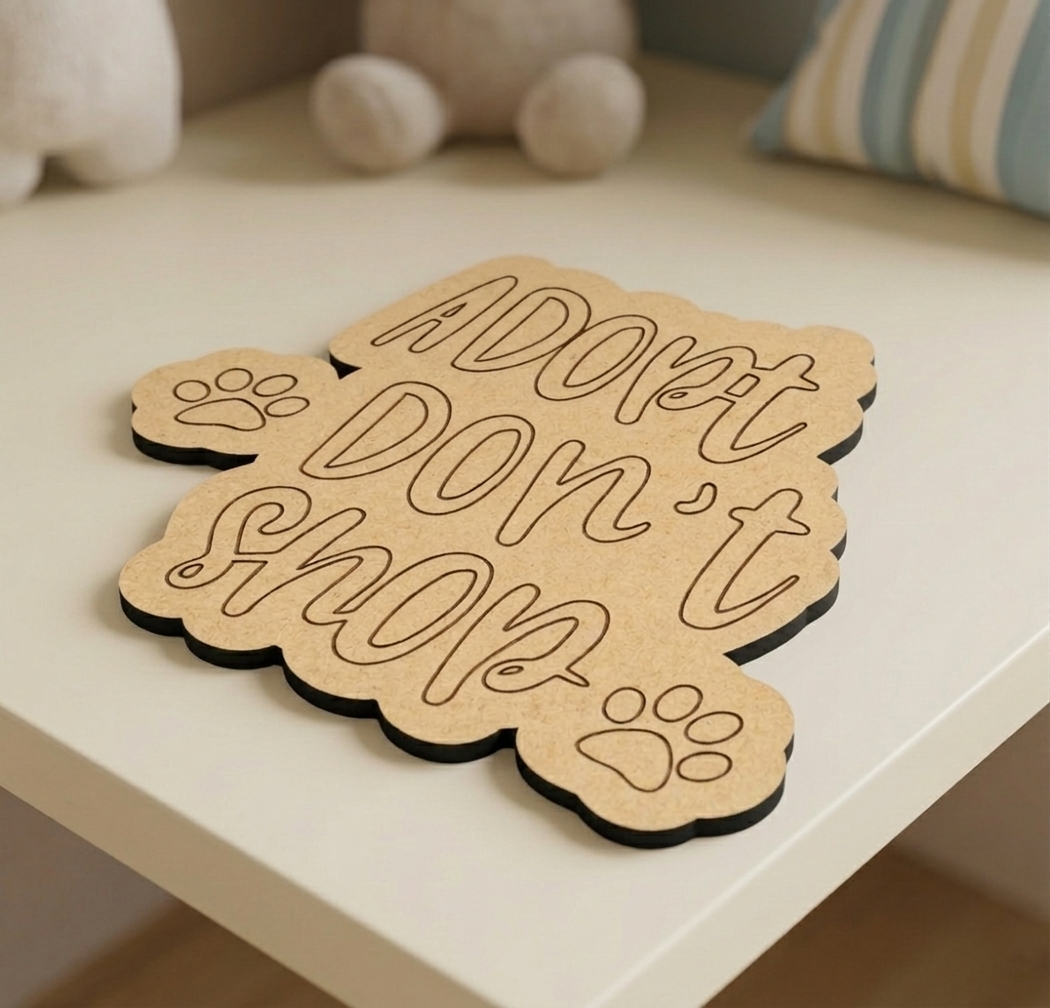 MDF DIY  paw-shaped sign with 'ADOPT DON'T SHOP' text on a surface.