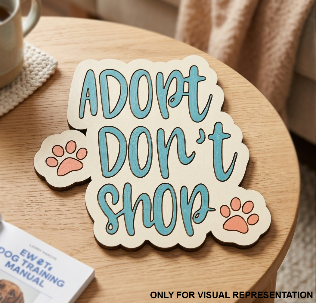 MDF DIY sign with 'Adopt Don't Shop' text on a wooden table.
