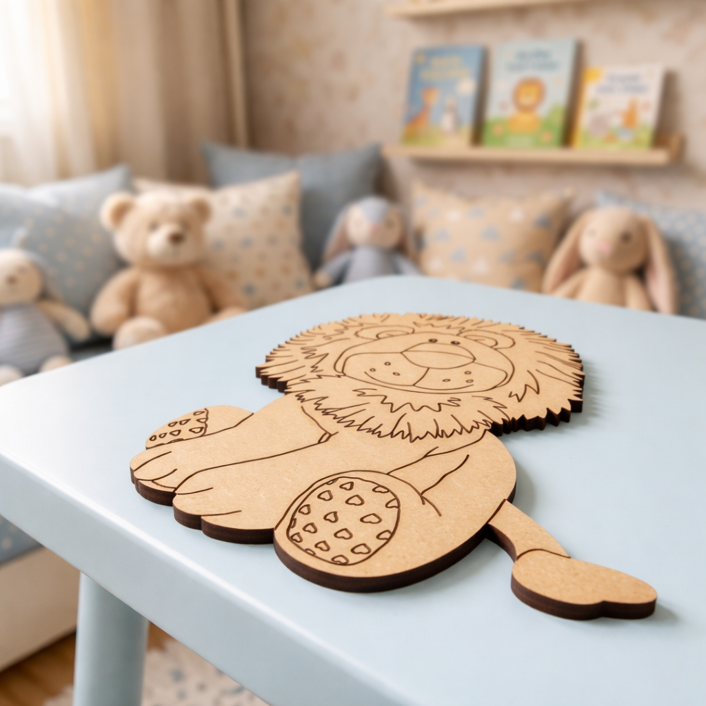 MDF DIY  lion cutout on a table with a cozy room background
