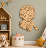 MDF DIY  lion wall decoration in a child's room with toys and a bookshelf.