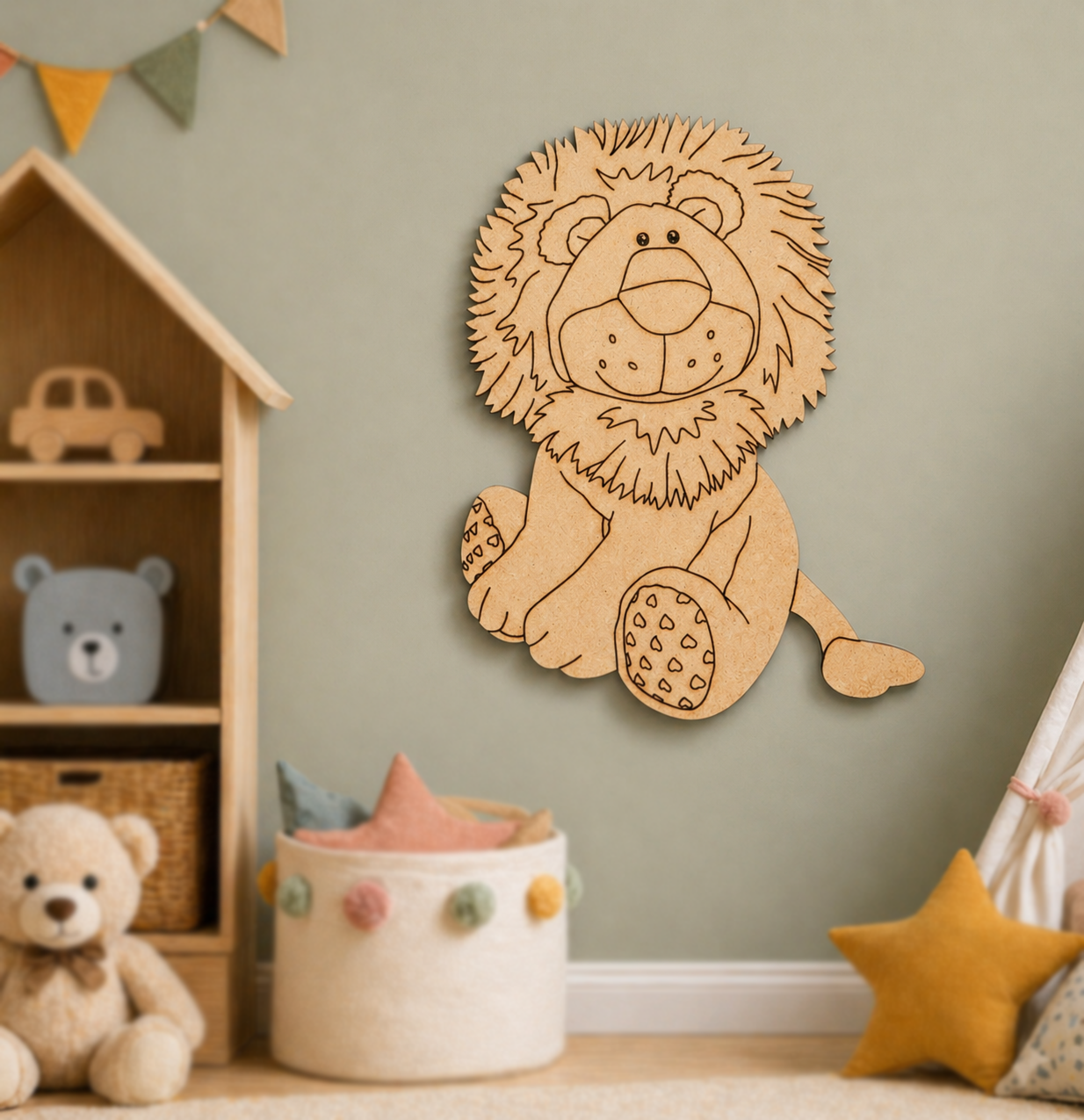 MDF DIY  lion wall decoration in a child's room with toys and a bookshelf.