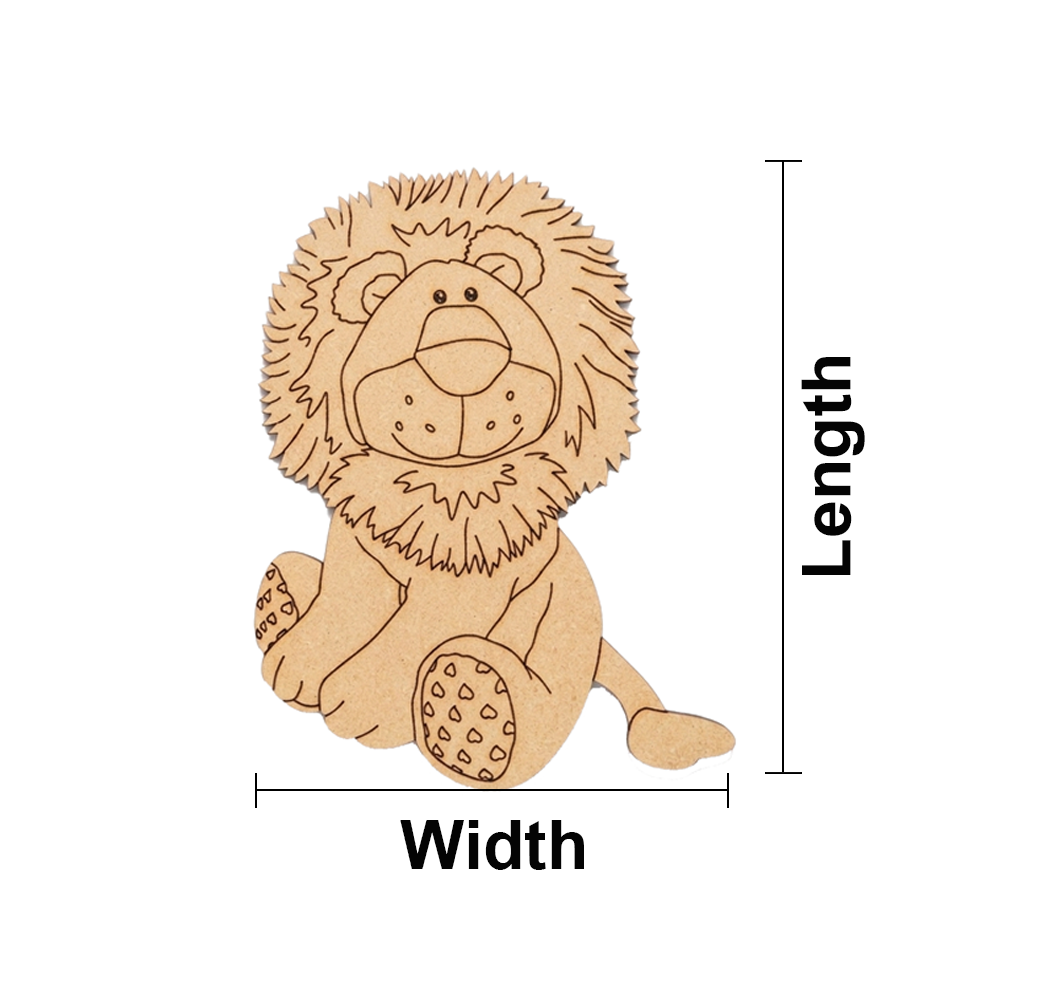 MDF DIY  lion cutout with measurements labeled on a white background