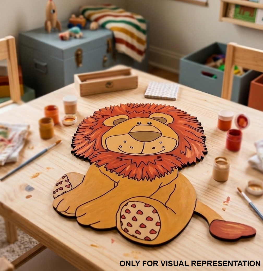 MDF DIY lion puzzle on a table with art supplies in a child's playroom.