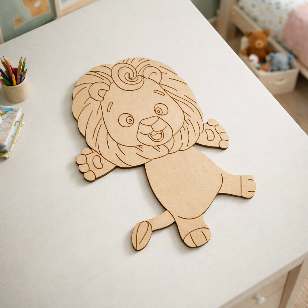 MDF DIY lion-shaped cutout on a white surface with coloring books and crayons in the background.