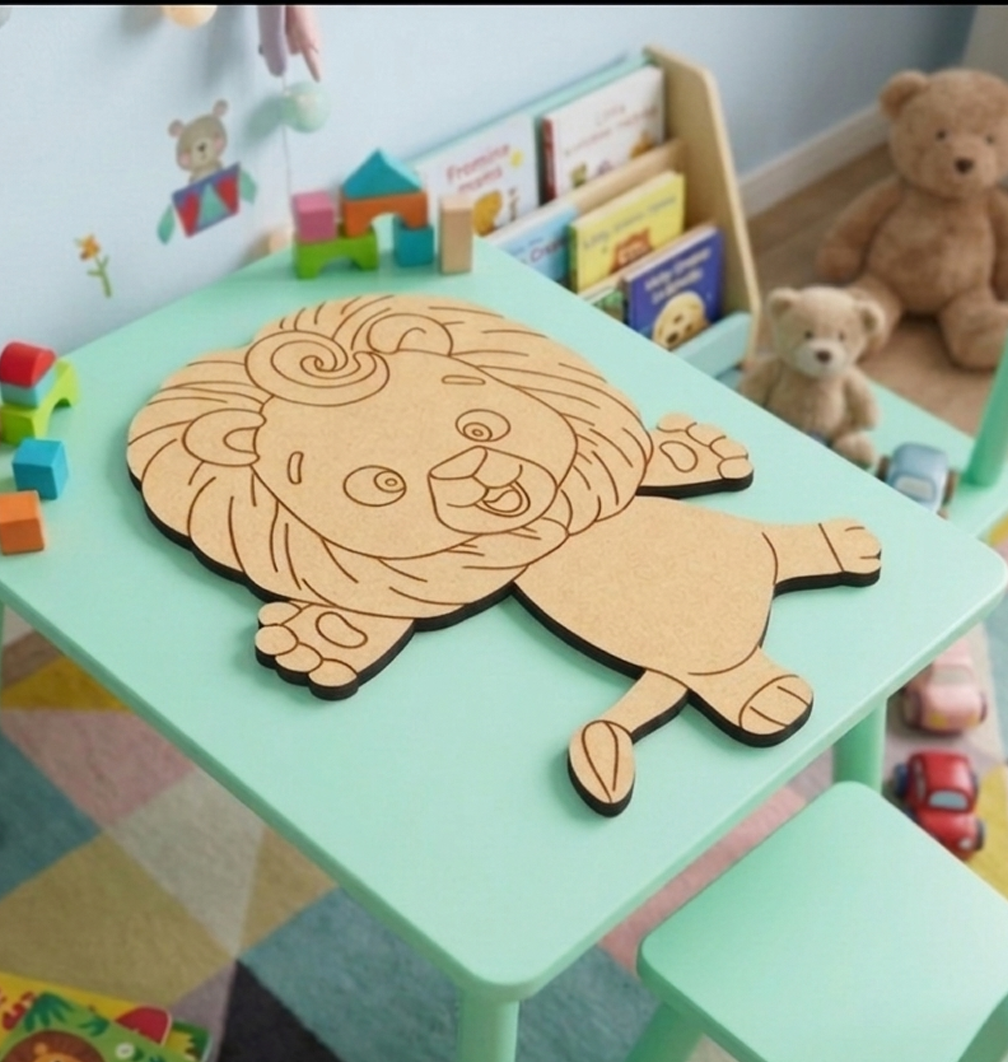 Children's play area with a MDF DIY lion-shaped cutout on a green table, surrounded by books and toys.
