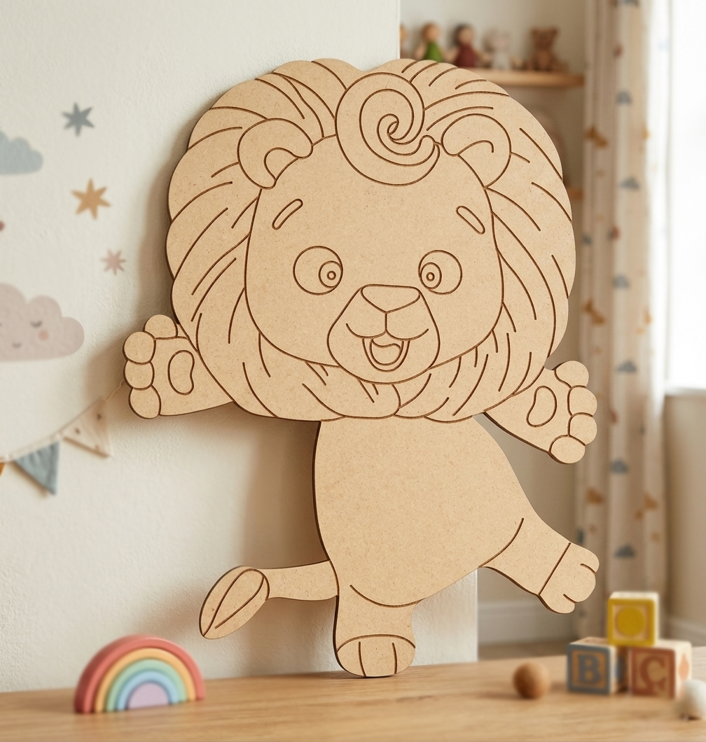 MDF DIY Cartoon lion cutout on a wall in a child's room with toys around